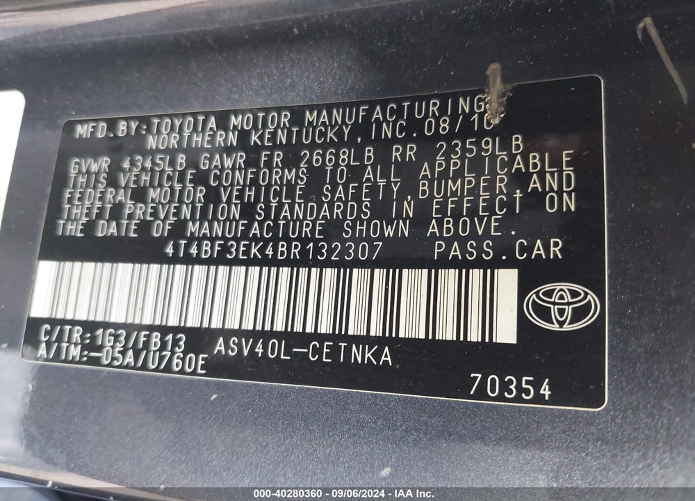 2011 TOYOTA CAMRY LE VIN: 4T4BF3EK4BR132307