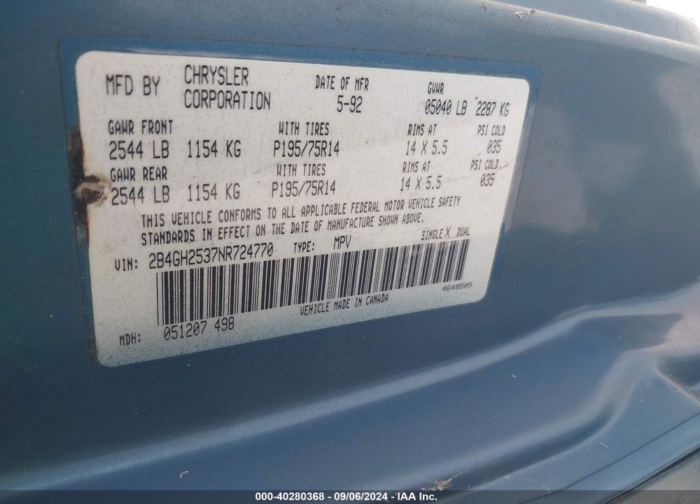 1992 DODGE CARAVAN SE VIN: 2B4GH4537NR724770