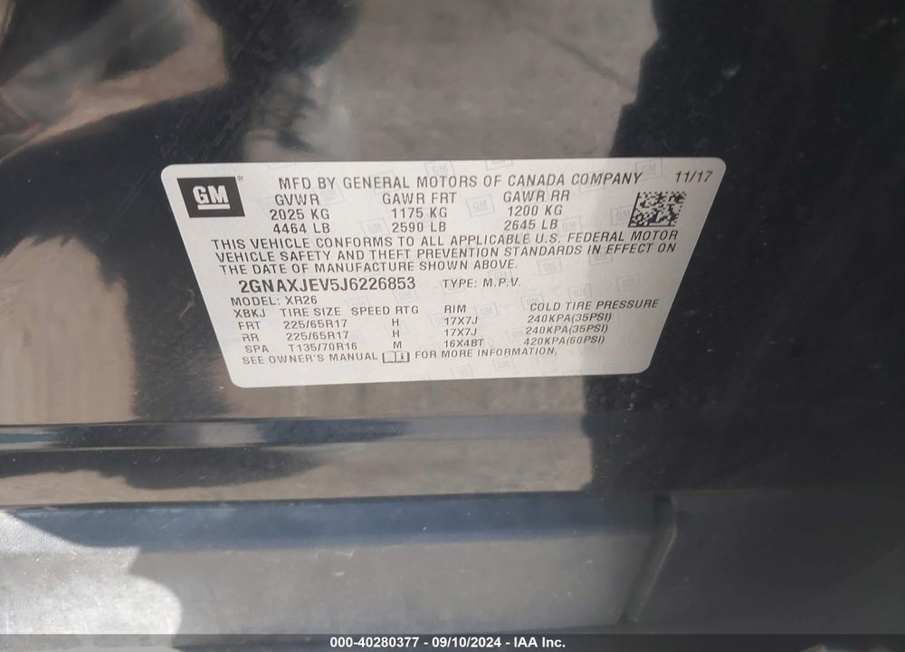 2018 CHEVROLET EQUINOX LT VIN: 2GNAXJEV5J6226853