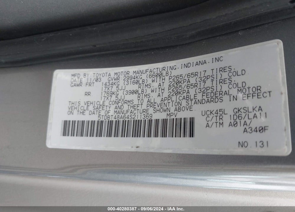 2004 TOYOTA SEQUOIA LIMITED V8 VIN: 5TDBT48A64S211369