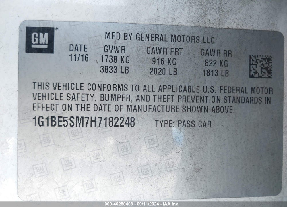 2017 CHEVROLET CRUZE LT AUTO VIN: 1G1BE5SM7H7182248
