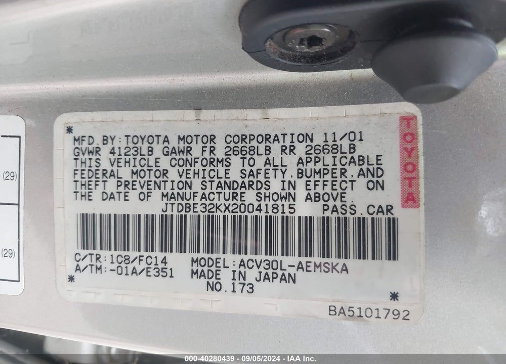 2002 TOYOTA CAMRY SE VIN: JTDBE32KX20041815
