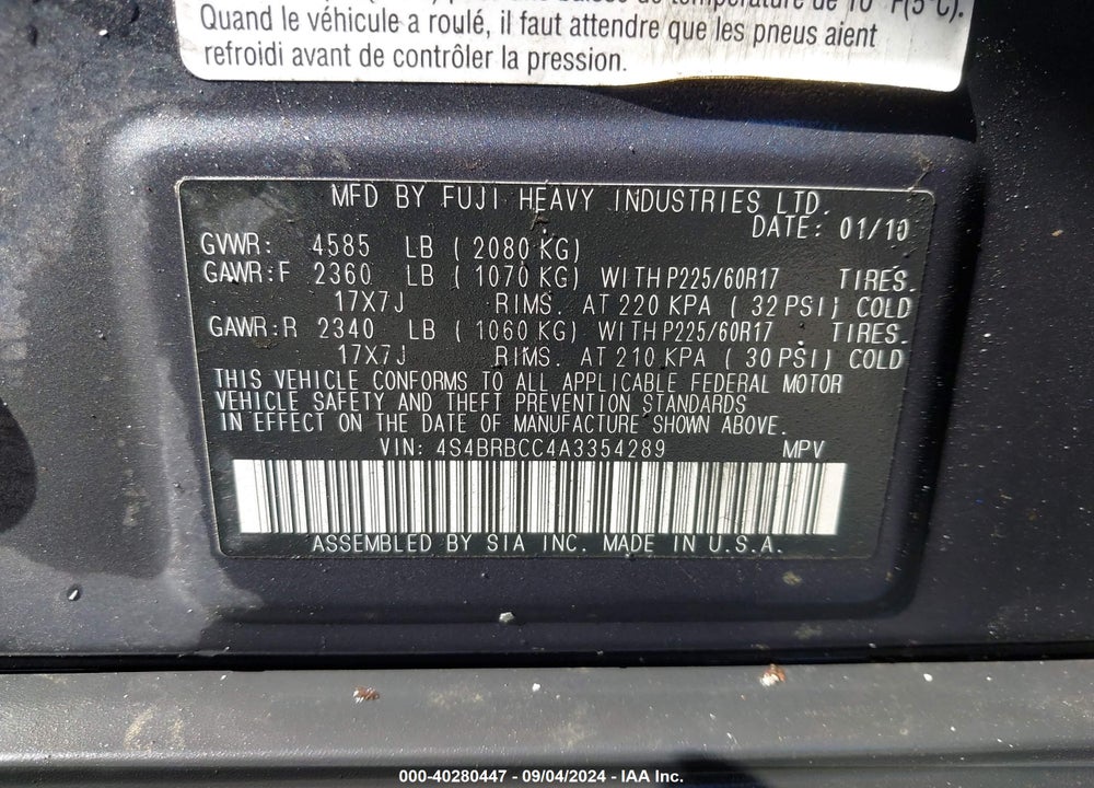 2010 SUBARU OUTBACK 2.5I PREMIUM VIN: 4S4BRBCC4A3354289