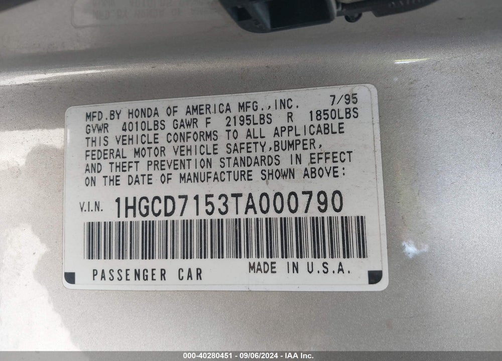 1996 HONDA ACCORD EX/EX-R VIN: 1HGCD7153TA000790