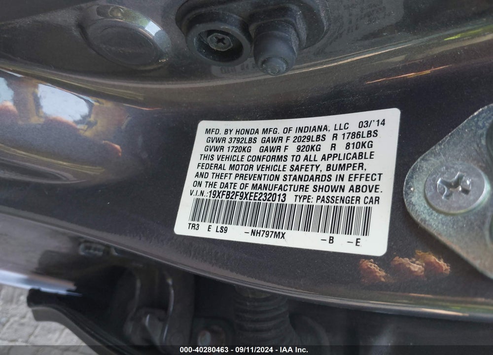 2014 HONDA CIVIC EX-L VIN: 19XFB2F9XEE232013