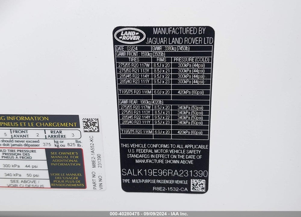 2024 LAND ROVER RANGE ROVER P530 AUTOBIOGRAPHY VIN: SALK19E96RA231390