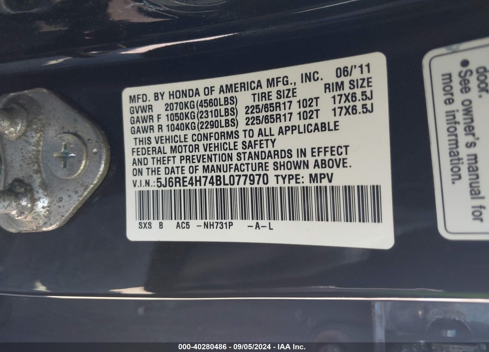 2011 HONDA CR-V EX-L VIN: 5J6RE4H74BL077970