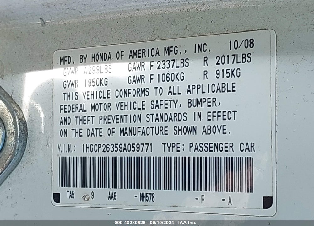 2009 HONDA ACCORD 2.4 LX VIN: 1HGCP26359A059771