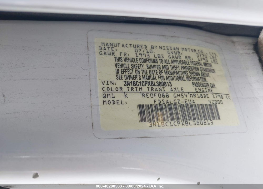 2011 NISSAN VERSA 1.8SL VIN: 3N1BC1CPXBL380813