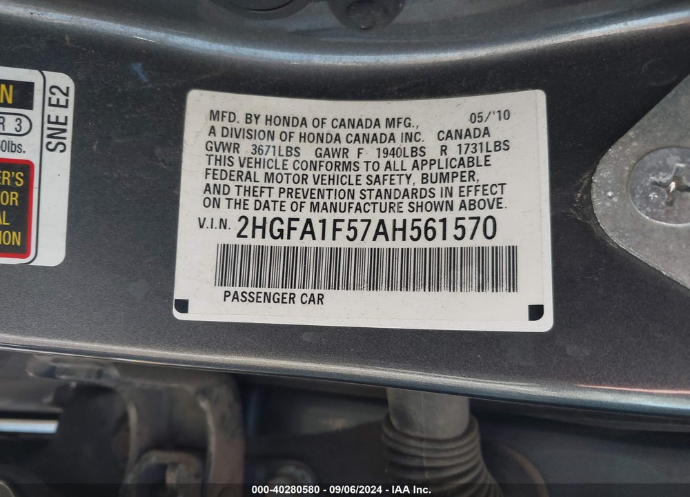 2010 HONDA CIVIC LX VIN: 2HGFA1F57AH561570