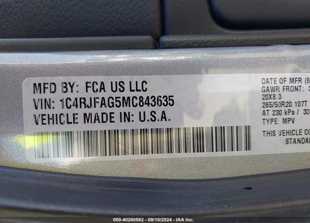 2021 JEEP GRAND CHEROKEE LAREDO X 4X4 VIN: 1C4RJFAG5MC843635