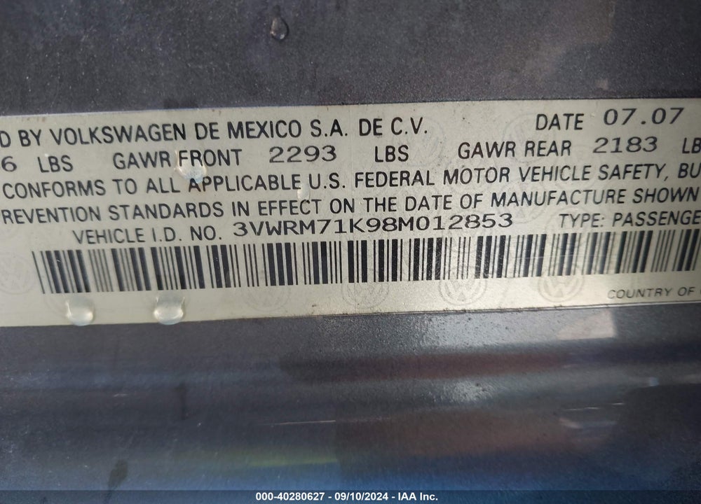 2008 VOLKSWAGEN JETTA SE/SEL VIN: 3VWRM71K98M012853