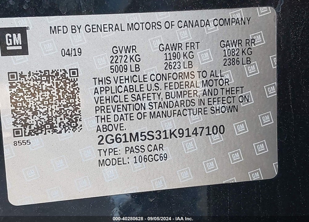 2019 CADILLAC XTS LUXURY VIN: 2G61M5S31K9147100
