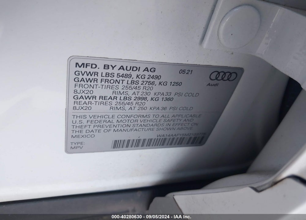 2021 AUDI Q5 SPORTBACK PREMIUM 45 TFSI QUATTRO S TRONIC VIN: WA14AAFY5M2103775