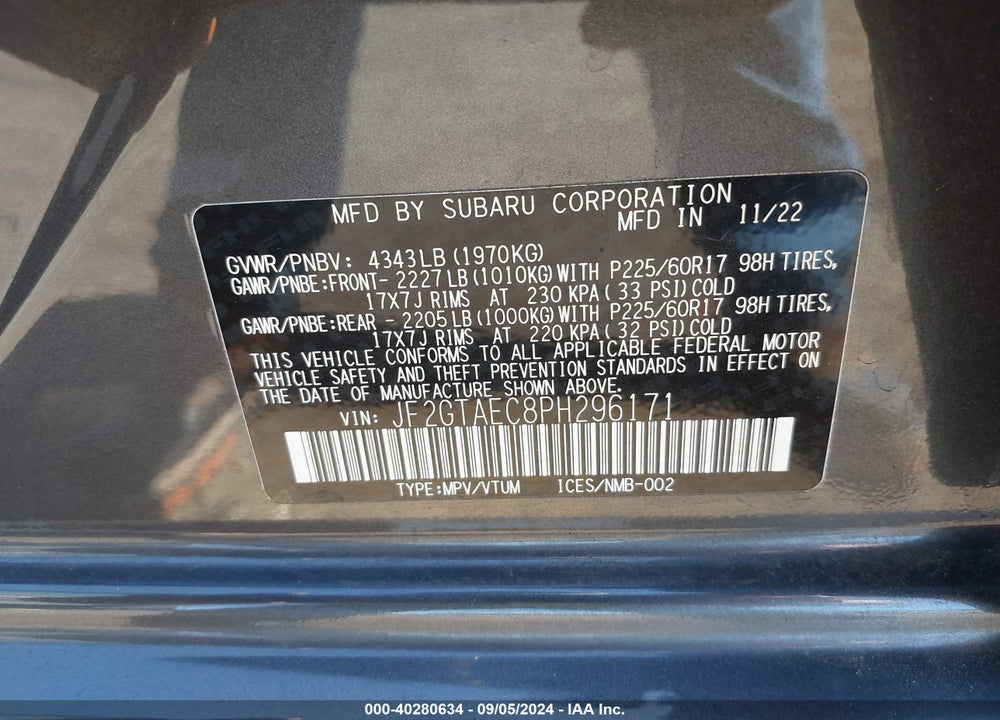 2023 SUBARU CROSSTREK PREMIUM VIN: JF2GTAEC8PH296171