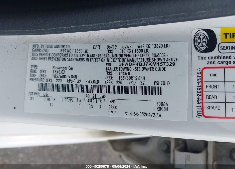 2019 FORD FIESTA SE VIN: 3FADP4BJ7KM157329