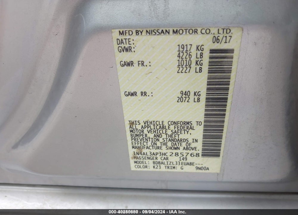 2017 NISSAN ALTIMA 2.5 SV VIN: 1N4AL3AP3HC285768