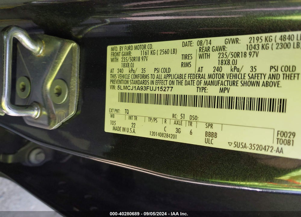 2015 LINCOLN MKC VIN: 5LMCJ1A93FUJ15277