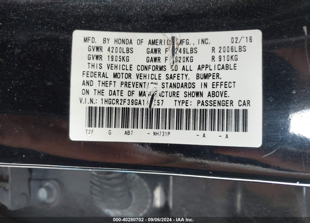 2016 HONDA ACCORD LX VIN: 1HGCR2F39GA141557