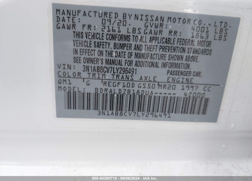2020 NISSAN SENTRA SV XTRONIC CVT VIN: 3N1AB8CV7LY296491