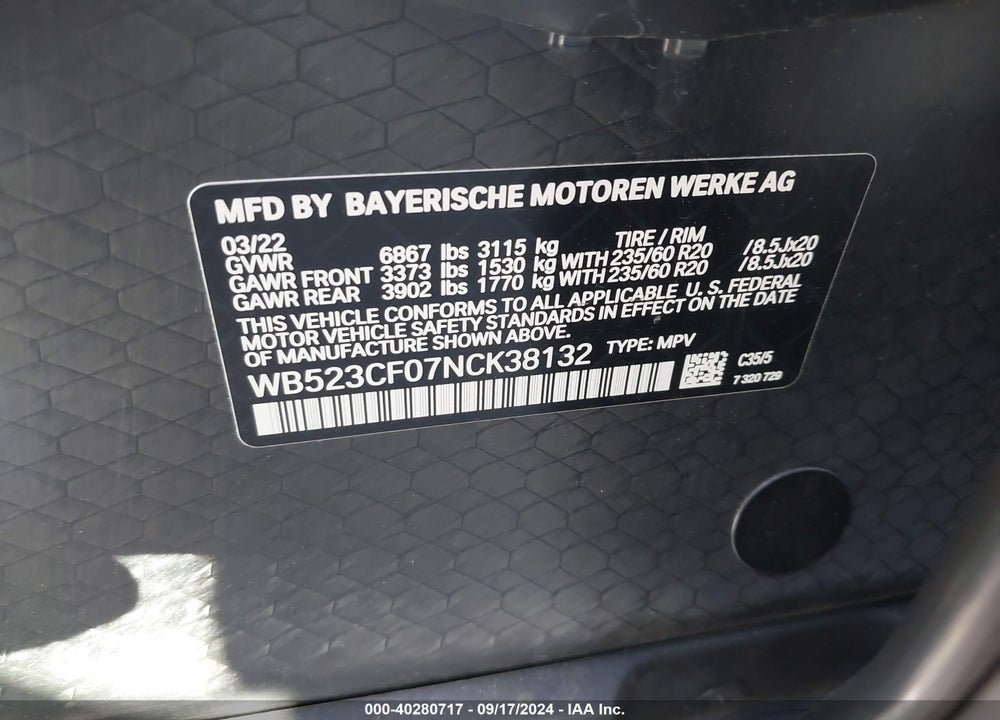 2022 BMW IX XDRIVE50 VIN: WB523CF07NCK38132