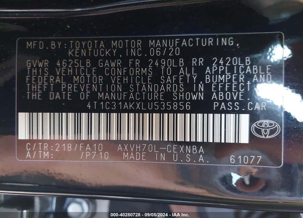 2020 TOYOTA CAMRY LE HYBRID VIN: 4T1C31AKXLU535856