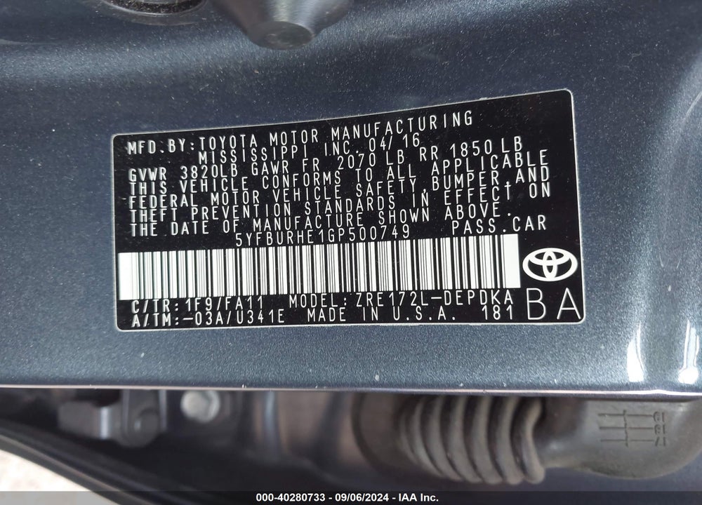 2016 TOYOTA COROLLA L VIN: 5YFBURHE1GP500749