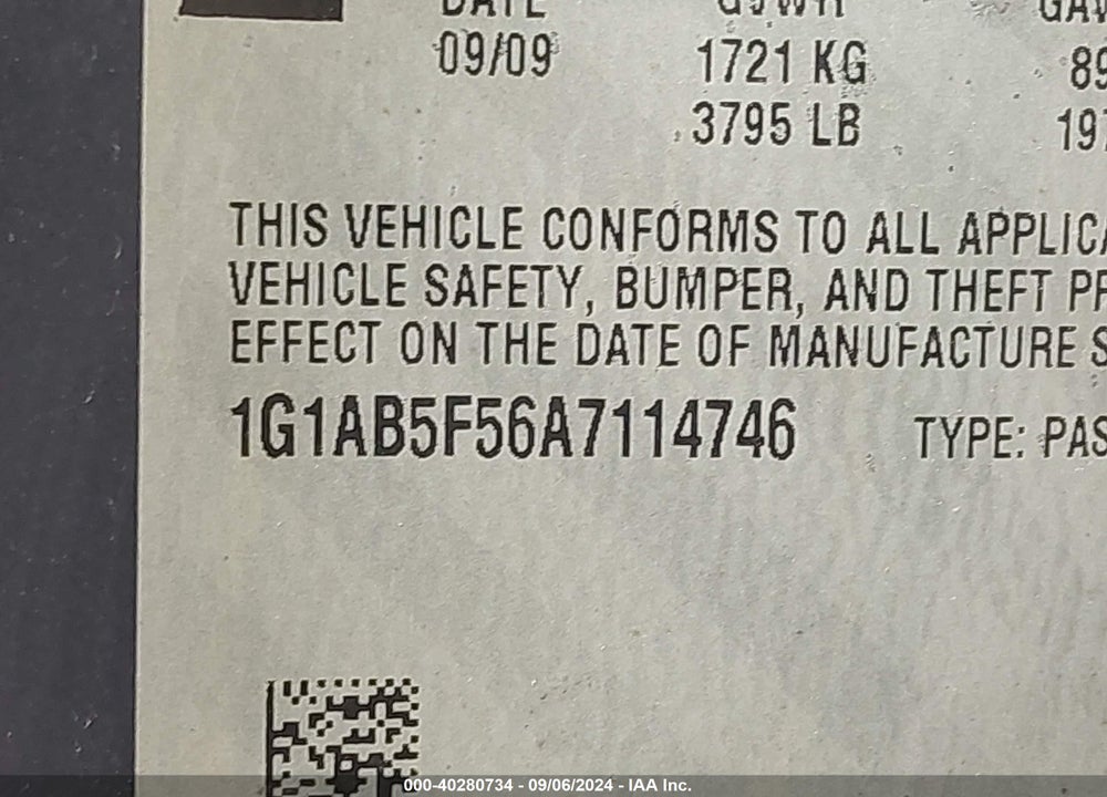 2010 CHEVROLET COBALT VIN: 1G1AB5F56A7114746