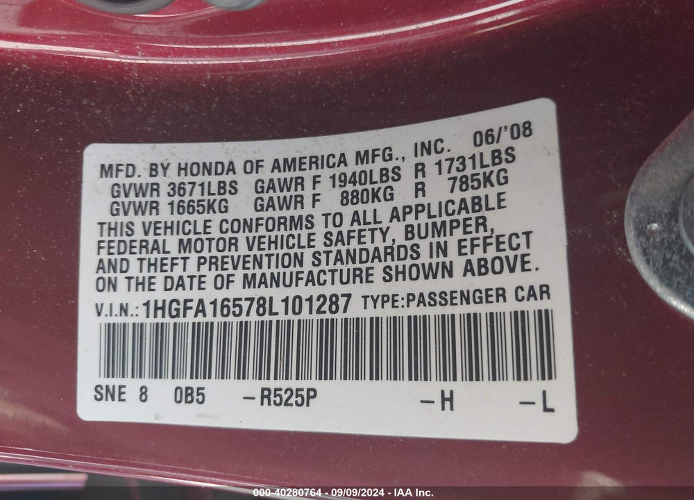 2008 HONDA CIVIC LX VIN: 1HGFA16578L101287