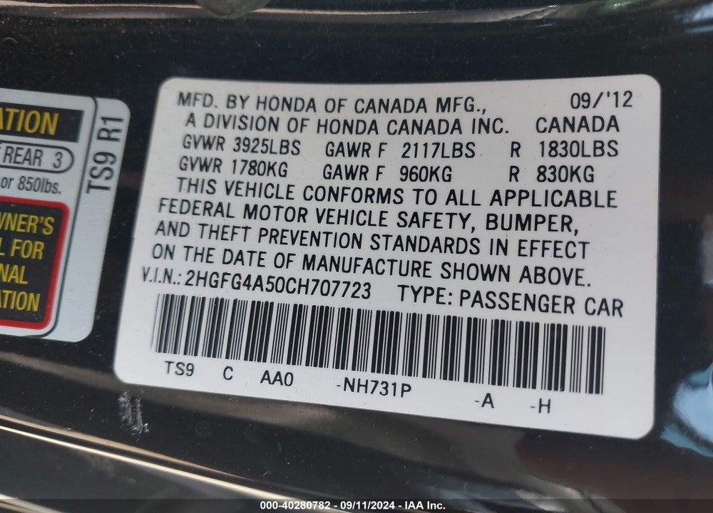 2012 HONDA CIVIC SI VIN: 2HGFG4A50CH707723