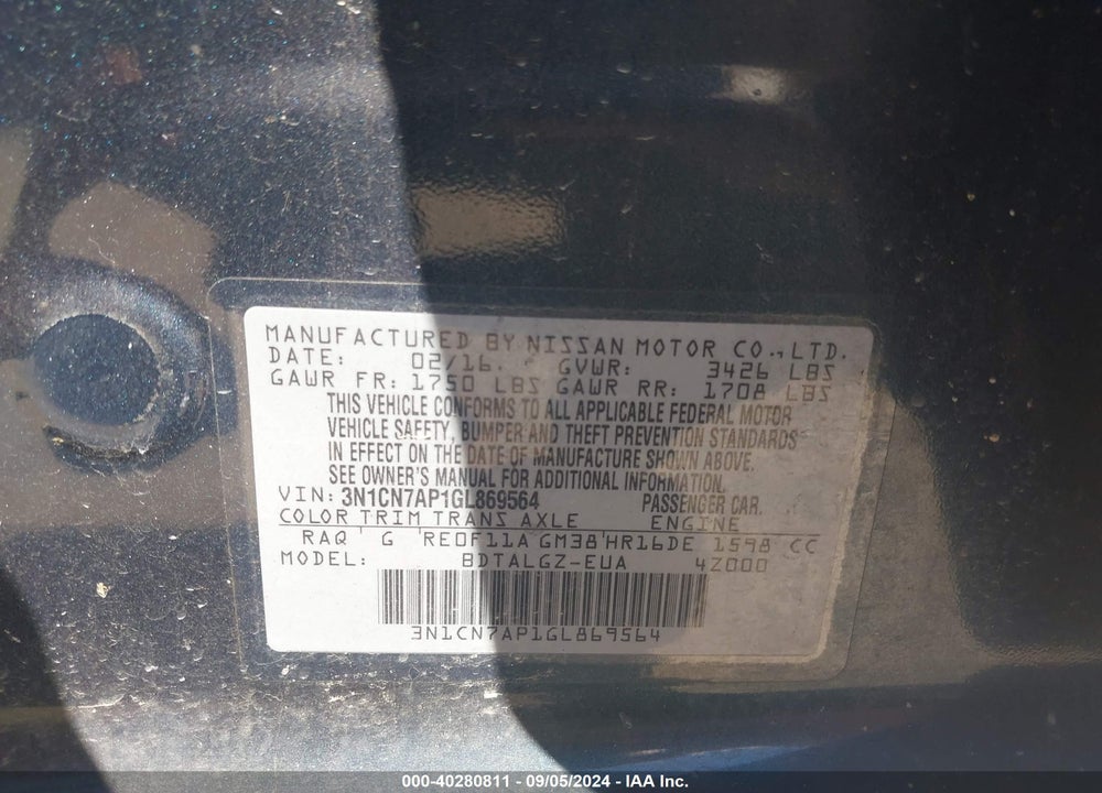 2016 NISSAN VERSA 1.6 SL VIN: 3N1CN7AP1GL869564