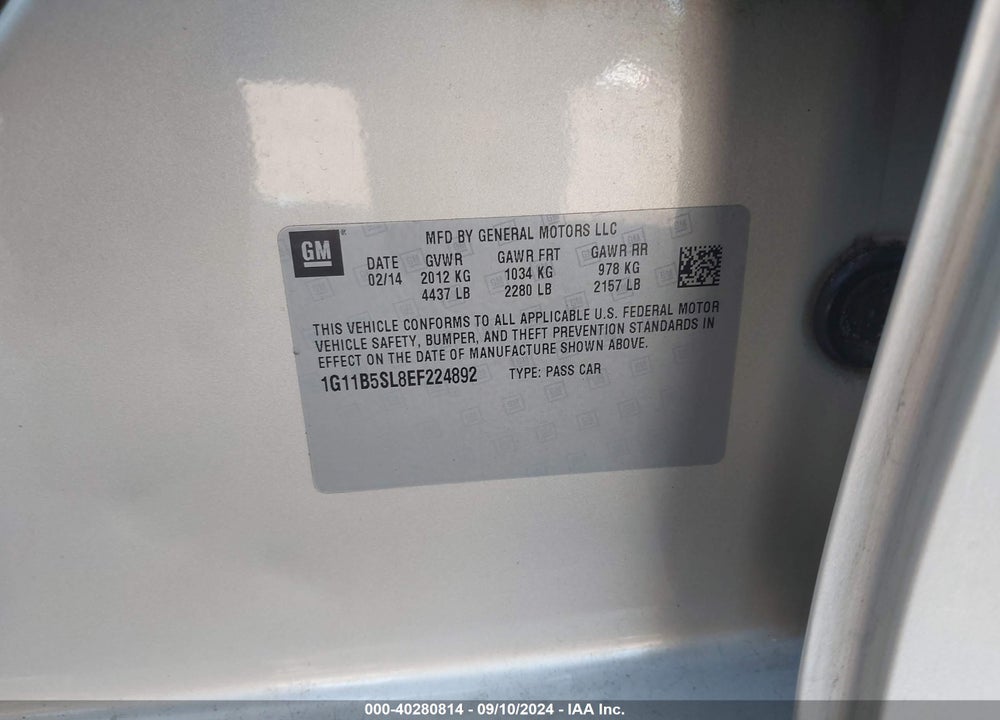 2014 CHEVROLET MALIBU 1LS VIN: 1G11B5SL8EF224892