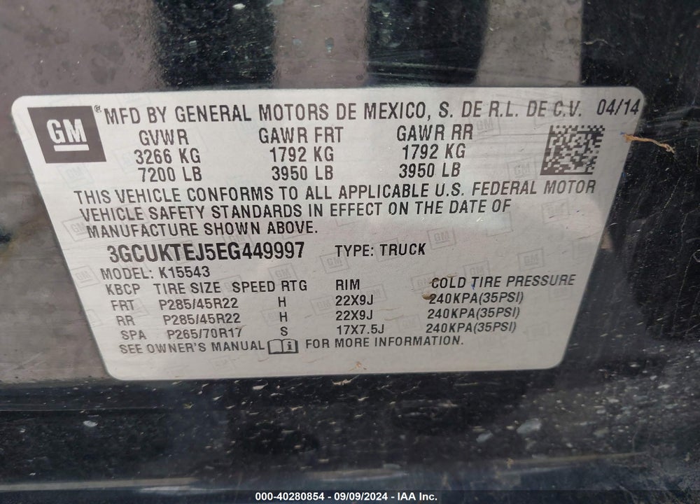 2014 CHEVROLET SILVERADO VIN: 3GCUKTEJ5EG449997