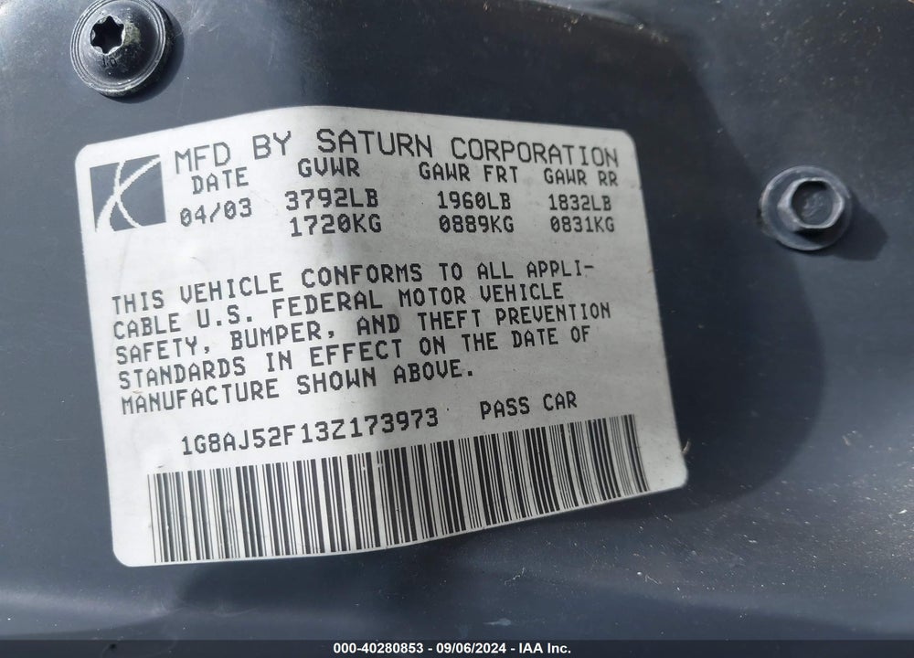 2003 SATURN ION VIN: 1G8AJ52F13Z173973