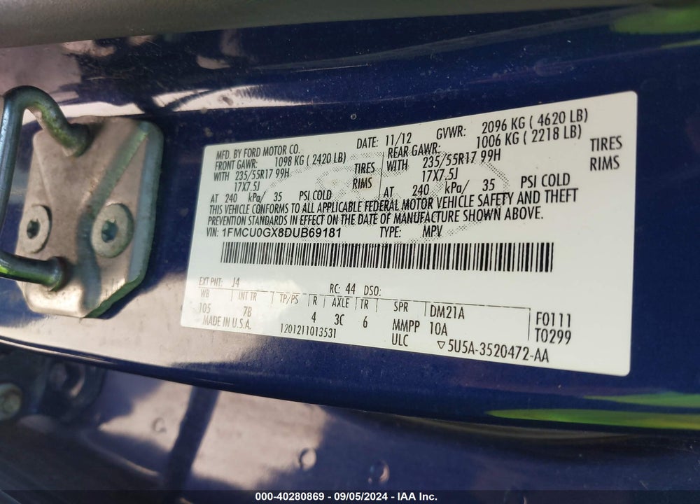 2013 FORD ESCAPE SE VIN: 1FMCU0GX8DUB69181