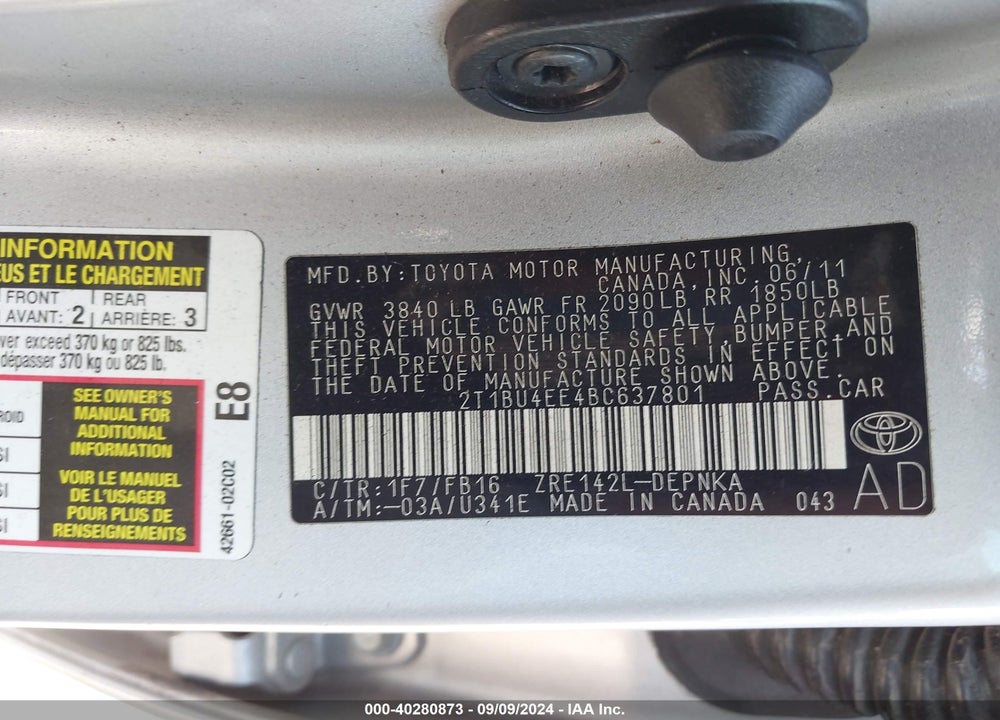 2011 TOYOTA COROLLA VIN: 2T1BU4EE4BC637801