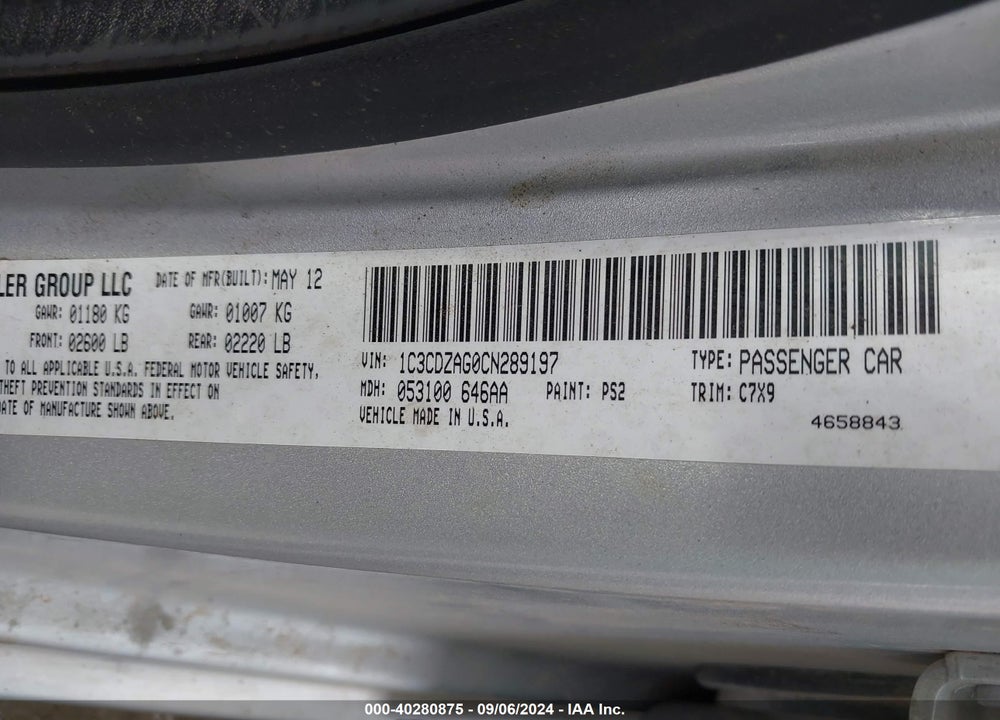 2012 DODGE AVENGER SE VIN: 1C3CDZAG0CN289197