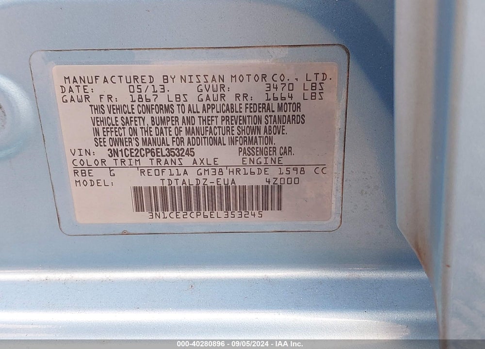 2014 NISSAN VERSA NOTE SV VIN: 3N1CE2CP6EL353245