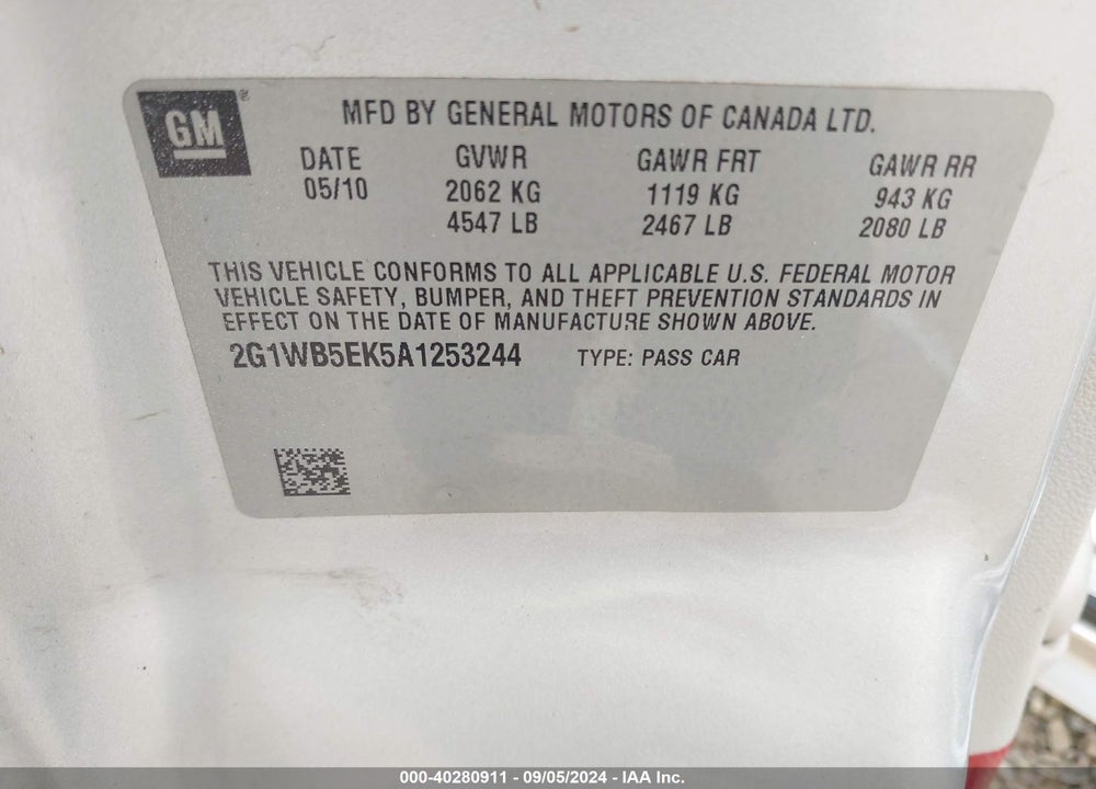 2010 CHEVROLET IMPALA LT VIN: 2G1WB5EK5A1253244