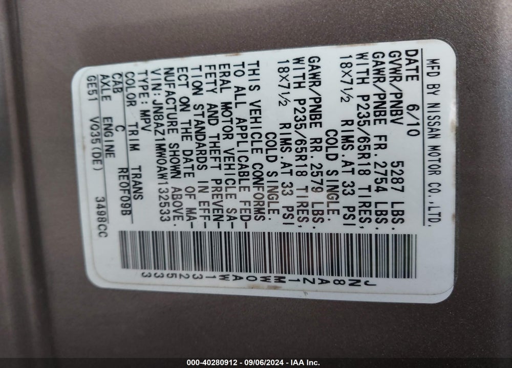 2010 NISSAN MURANO S VIN: JN8AZ1MW0AW132533