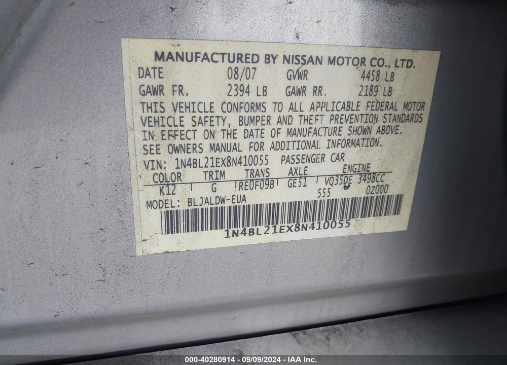 2008 NISSAN ALTIMA 3.5 SE VIN: 1N4BL21EX8N410055