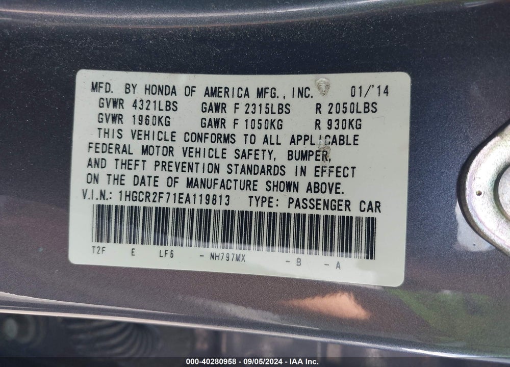 2014 HONDA ACCORD EX VIN: 1HGCR2F71EA119813