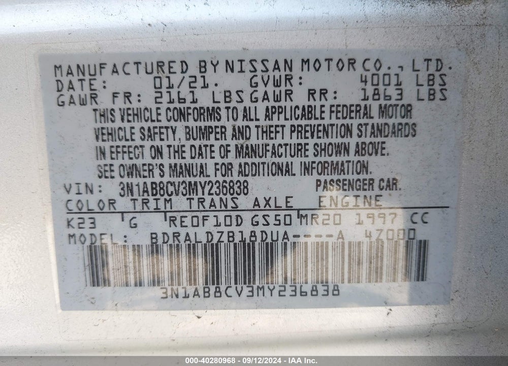 2021 NISSAN SENTRA SV XTRONIC CVT VIN: 3N1AB8CV3MY236838