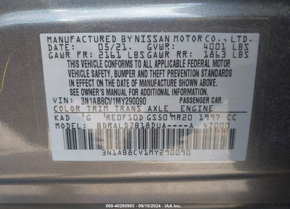 2021 NISSAN SENTRA SV XTRONIC CVT VIN: 3N1AB8CV1MY290090