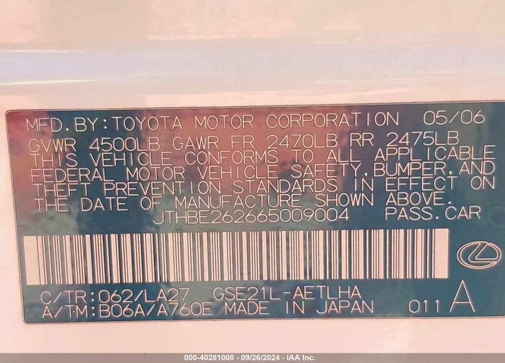 2006 LEXUS IS 350 VIN: JTHBE262665009004