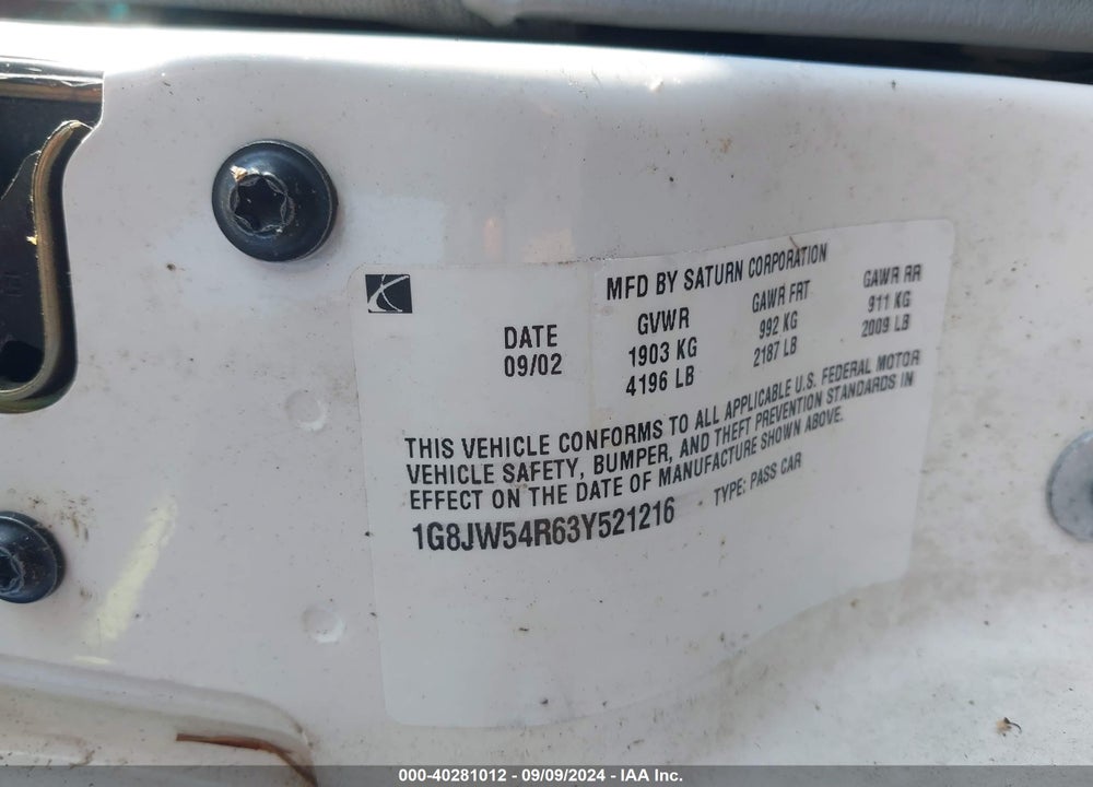 2003 SATURN L-SERIES L300 VIN: 1G8JW54R63Y521216