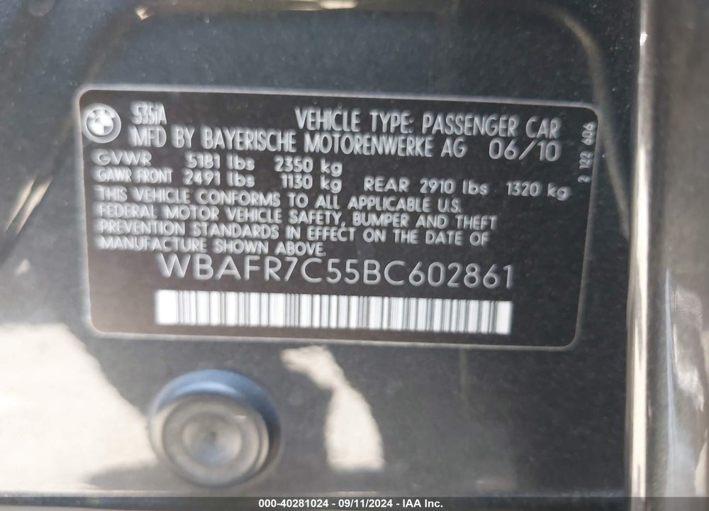 2011 BMW 535I VIN: WBAFR7C55BC602861