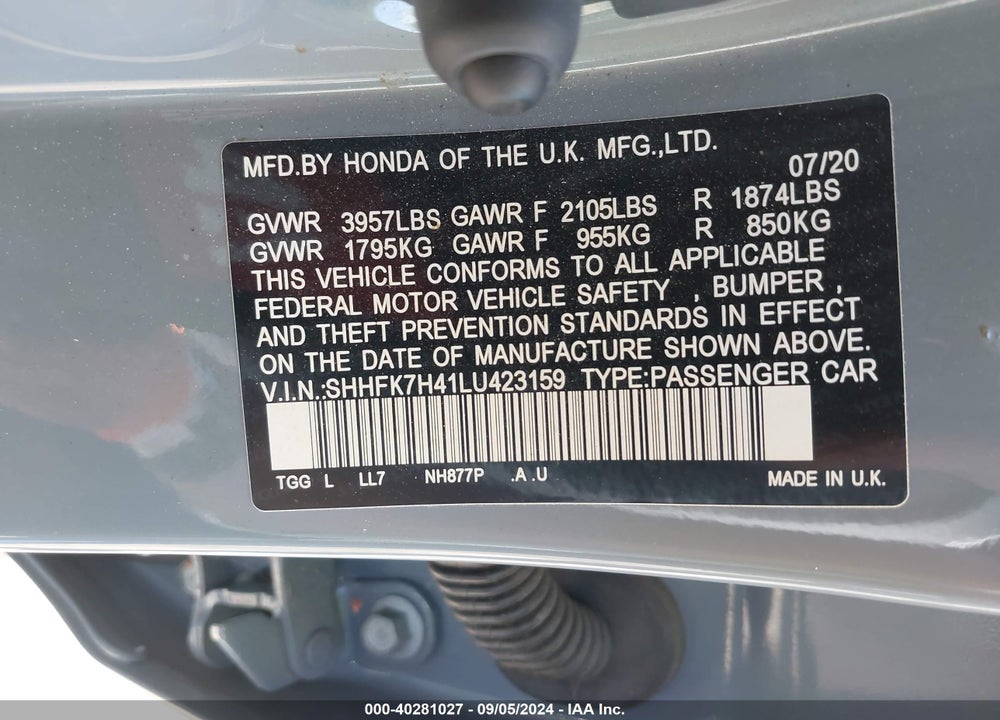 2020 HONDA CIVIC SPORT VIN: SHHFK7H41LU423159