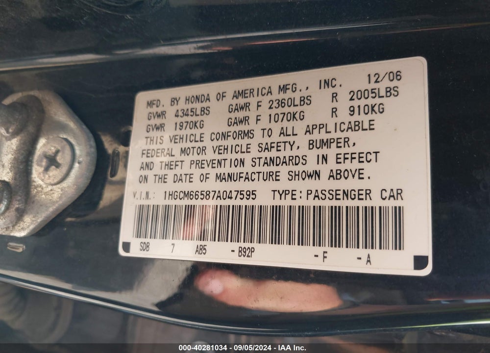 2007 HONDA ACCORD 3.0 EX VIN: 1HGCM66587A047595