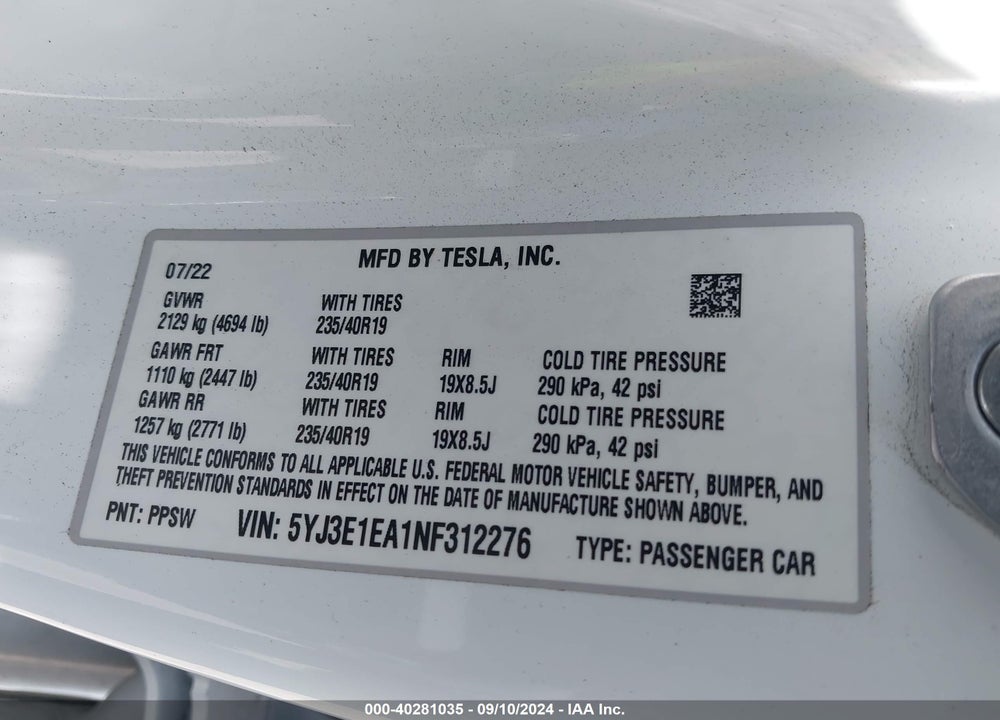 2022 TESLA MODEL 3 REAR-WHEEL DRIVE VIN: 5YJ3E1EA1NF312276